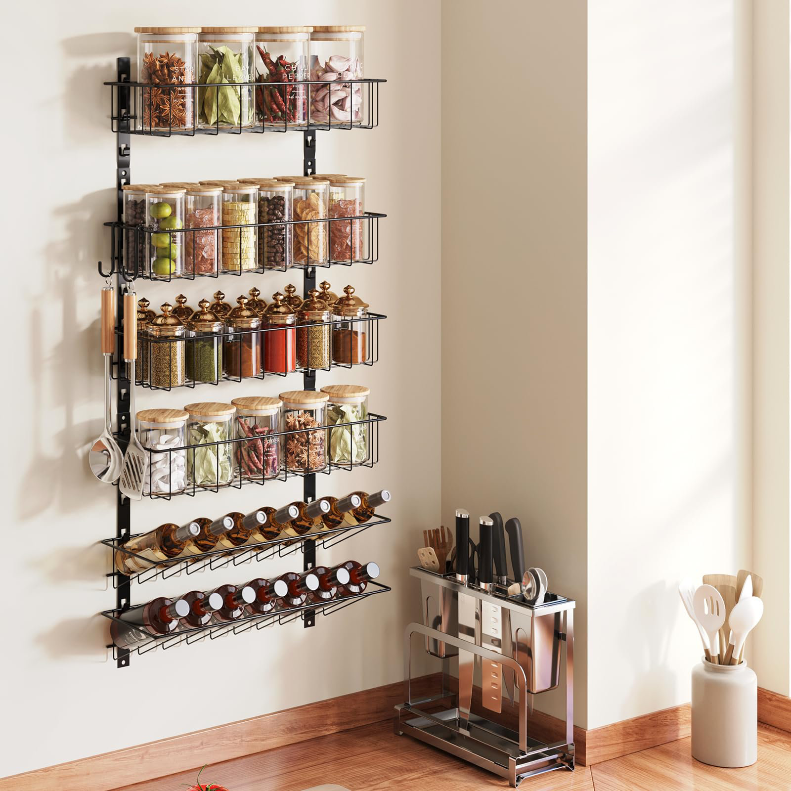 Rebrilliant 6 Tier Wall Mounted Spice Rack Organizer Hanging Seasoning Holder Rack Height Adjustable Wire Spice Shelves Black Wayfair